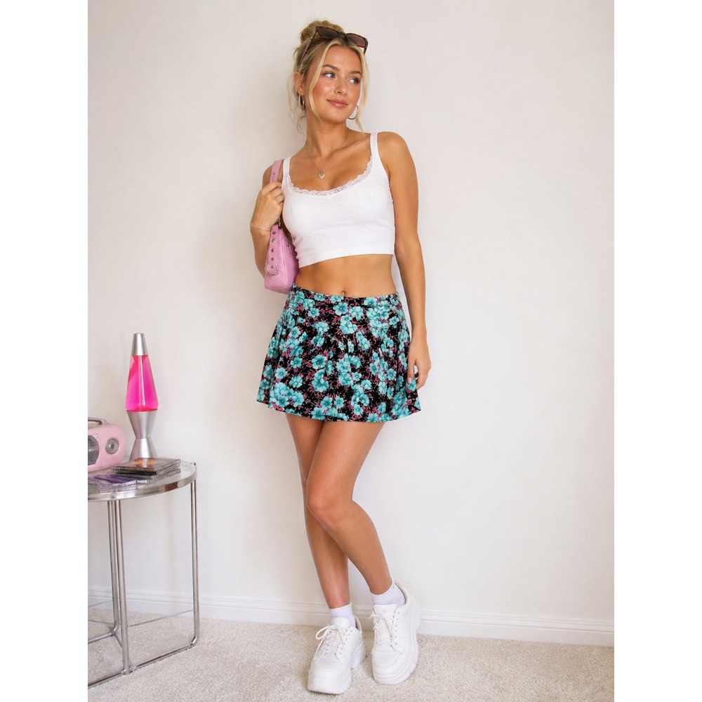Zara Floral M Mini Skirt Tropical Skater Skort Y2K Coquette Festival Vacation